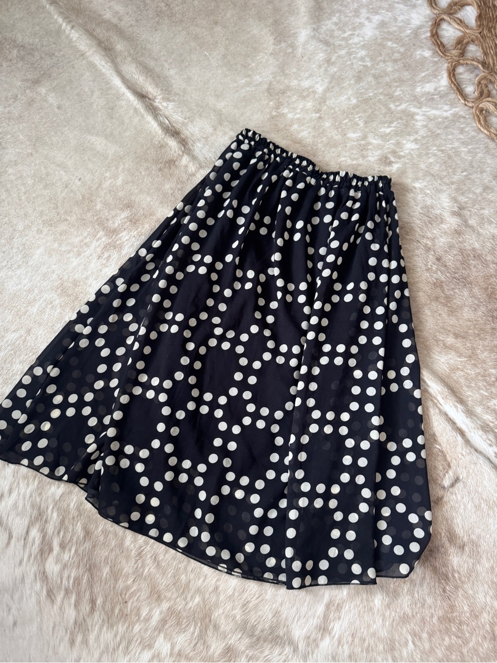 Women's Black Midi Skirt with Cream Polka Dots